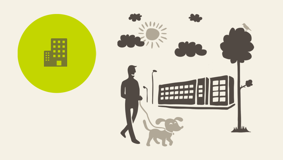 Pet and owner outside of office building infographic
