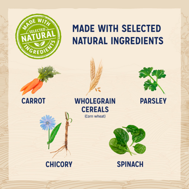 Made with selected natural ingredients; carrot, wholegrain cereals, parsley, chicory, spinach