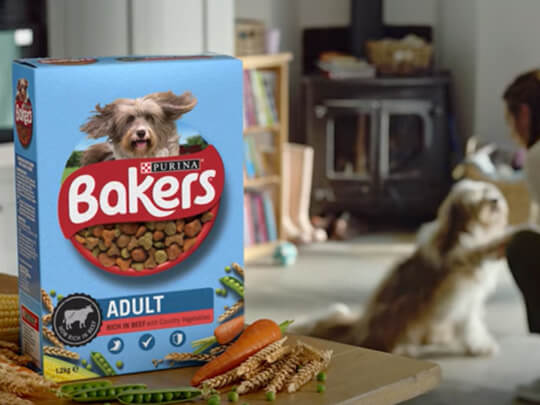 Box of Bakers food on table with dog in a background