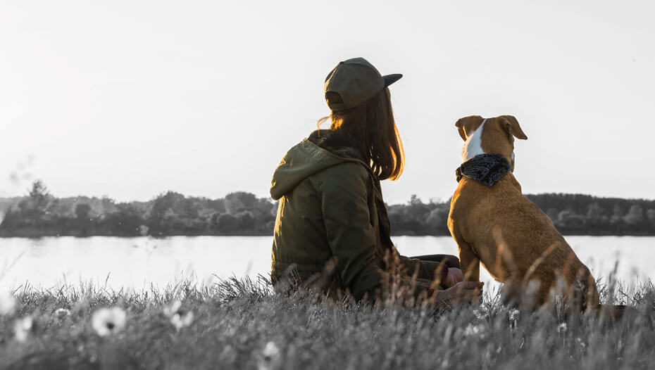 Woman sat at a lake with dog