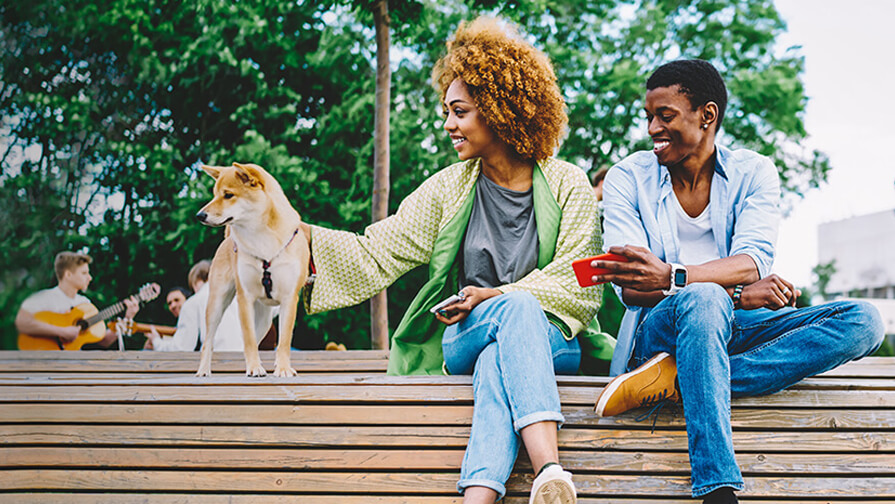 Couple sitting on a bench with their dog