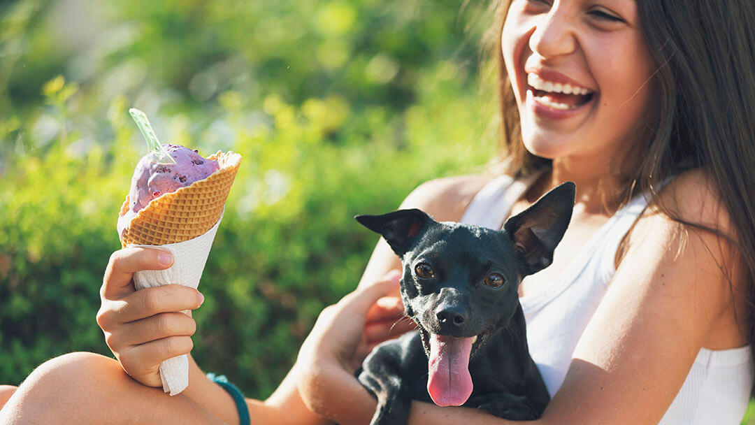 Happy teenage girl with dog eating ice cream