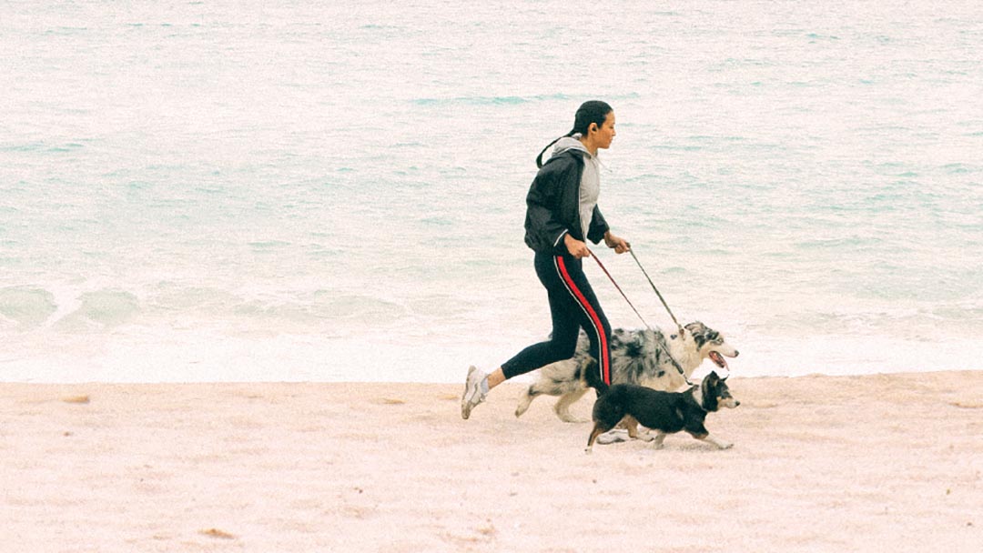 Woman running on the beach with two dogs