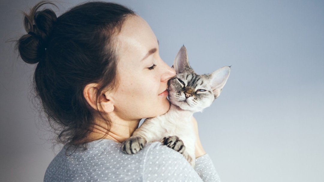 woman kissing cat on shoulder