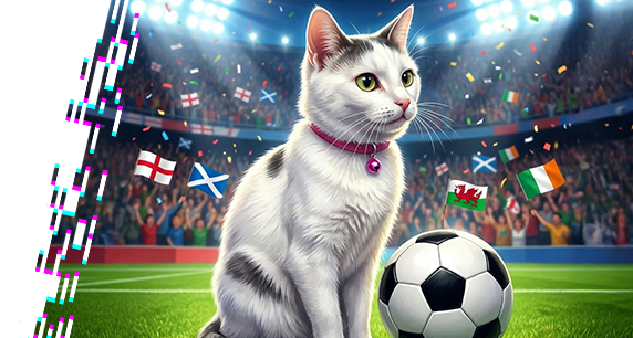 Cat with a ball sitting on a football field