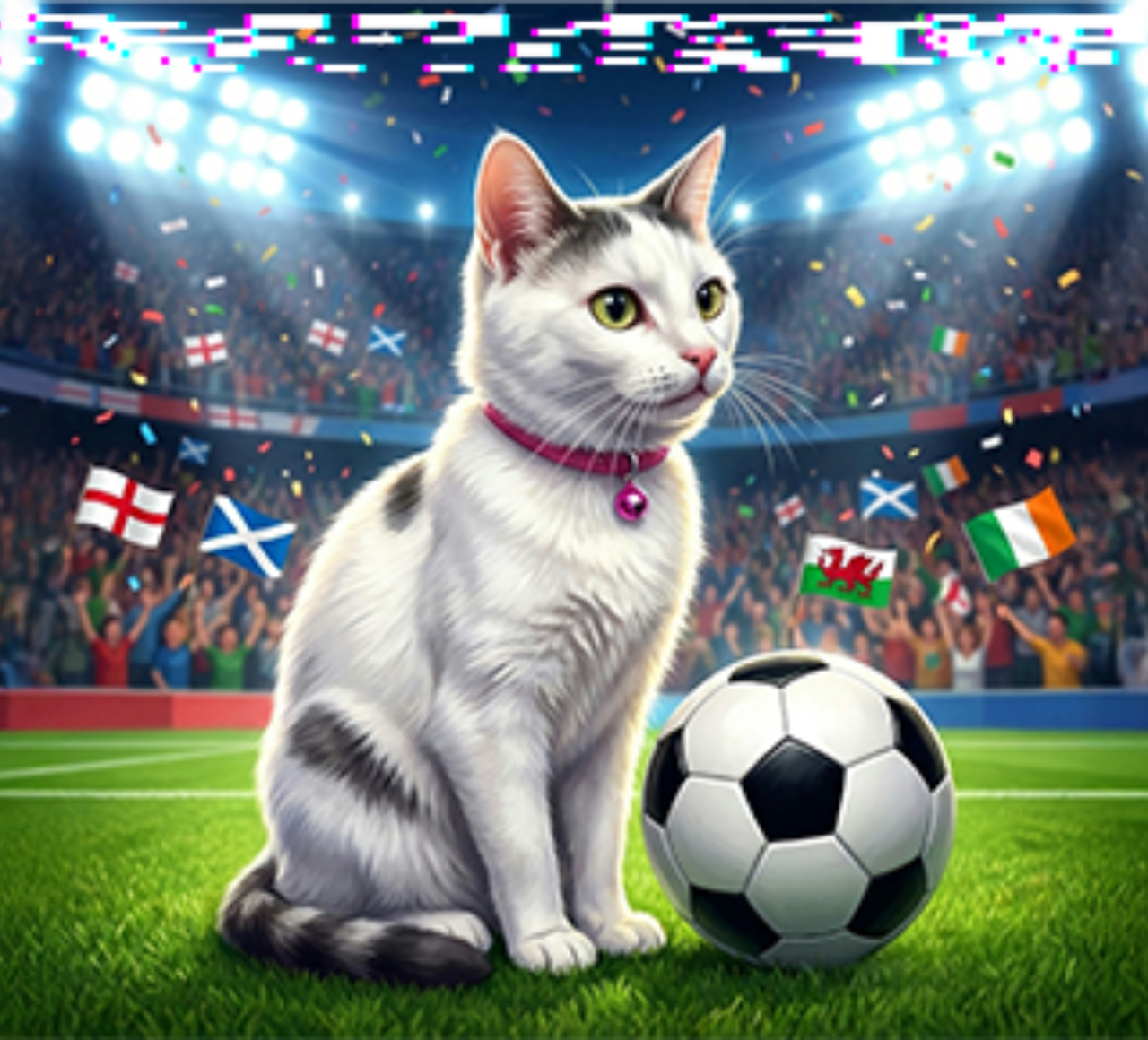 Cat with a ball sitting on a football field