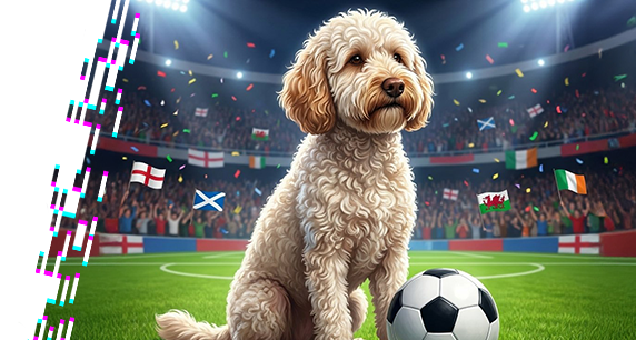 Dog with a ball sitting on a football field