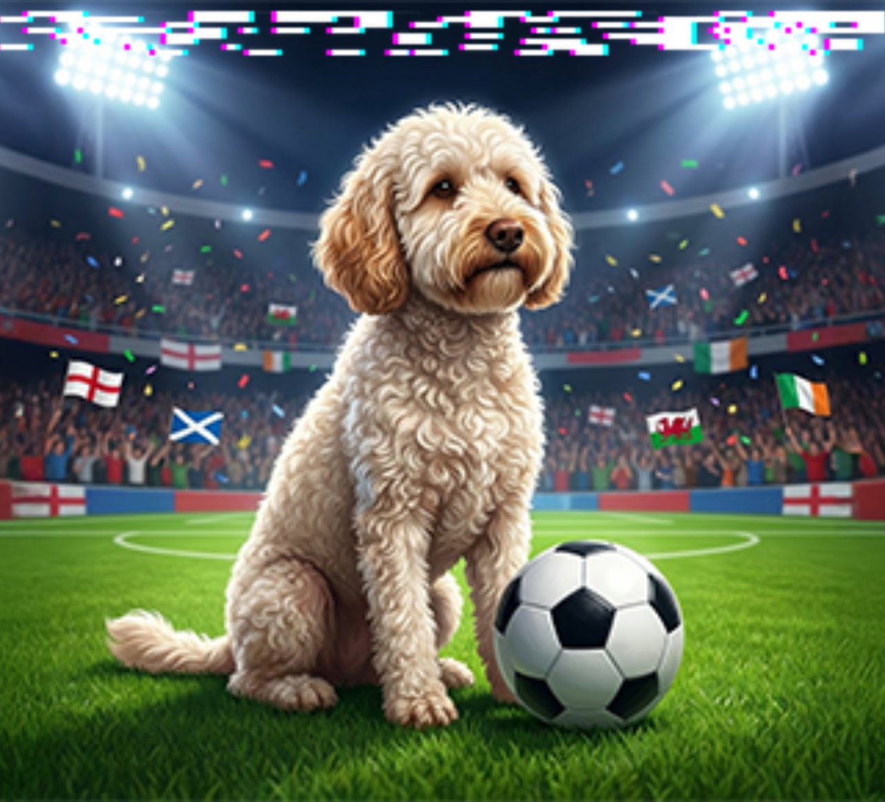 Dog with a ball sitting on a football field