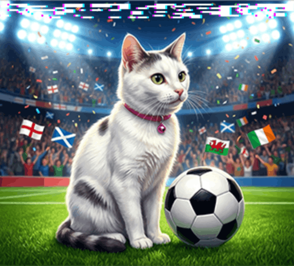 Cat with a ball sitting on a football field