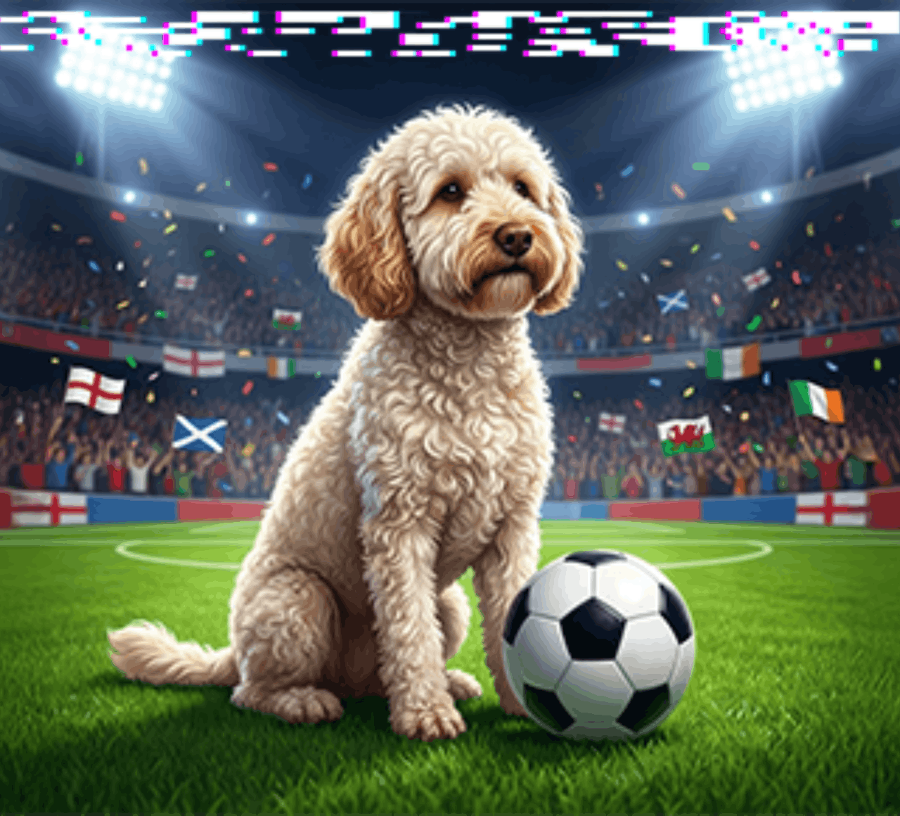 Dog with a ball sitting on a football field