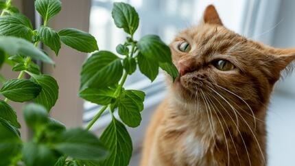 Ginger tabby smelling fresh basil