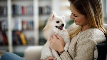 Woman with a white dog at home