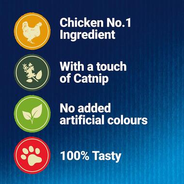 Ingredients; Chicken No.1, with a touch of catnip, no added artificial colours