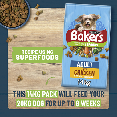 Bakers recipe using Superfoods. This 14kg pack will feed your 20kg dog for up to 8 weeks