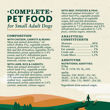Complete pet food for small adult dogs