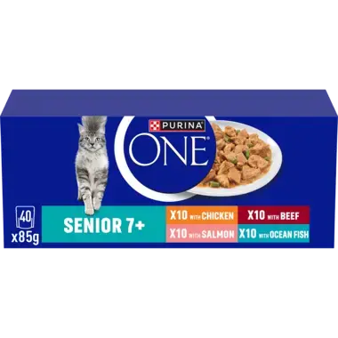 Purina ONE Senior 7+ x10 with Chicken, x10 with Salmon, x10 with Beef, x10 with Ocean Fish wet cat food