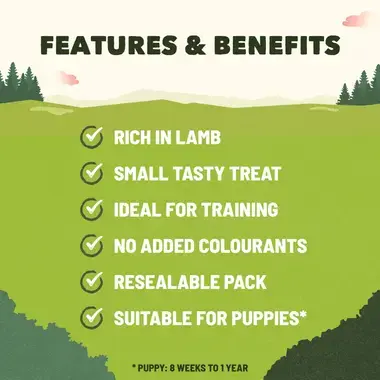 Rich in lamb, small tasty treat, ideal for training, resealable pack