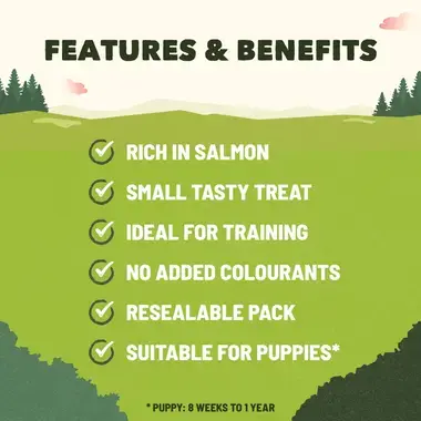 Rich in salmon, small tasty treat, ideal for training, no added colourants, resealable pack