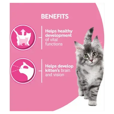 Benefits; helps healthy development, helps develop kitten's brain and vision