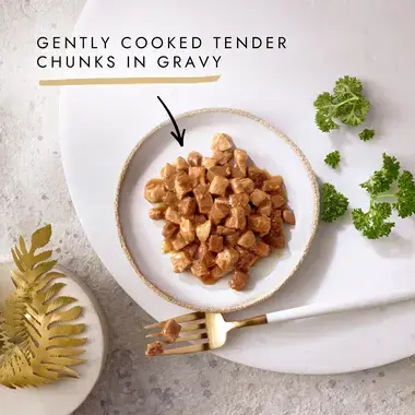 Gently cooked tender chunks in gravy