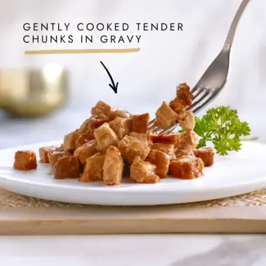 Gently cooked tender chunks in gravy