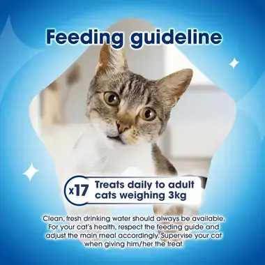 Feeding guideline x17 treats daily to adult cats weighing 3kg
