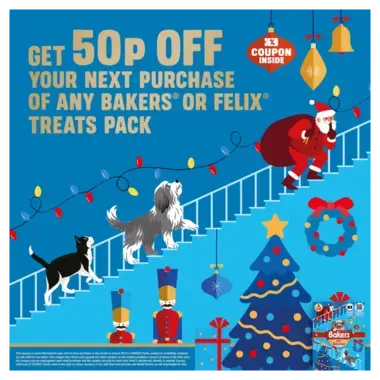 get 50p off your next purchase of any bakers or felix treats pack