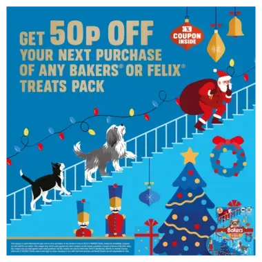 get 50p off your next purchase of any bakers or felix treats pack