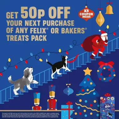 get 50p off your next purchase of any bakers or felix treats pack