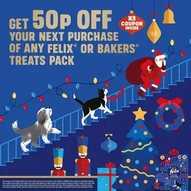 get 50p off your next purchase of any bakers or felix treats pack