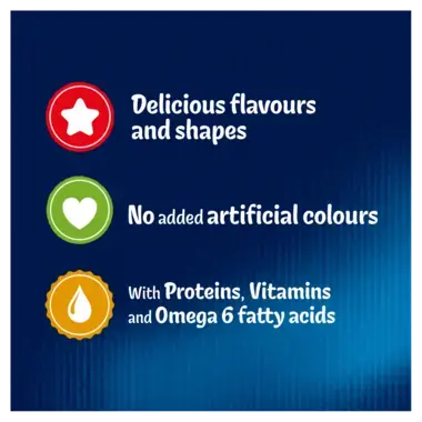 Delicious flavours and shapes, no added artificial colours, with proteins, vitamins and omega 6 fatty acids