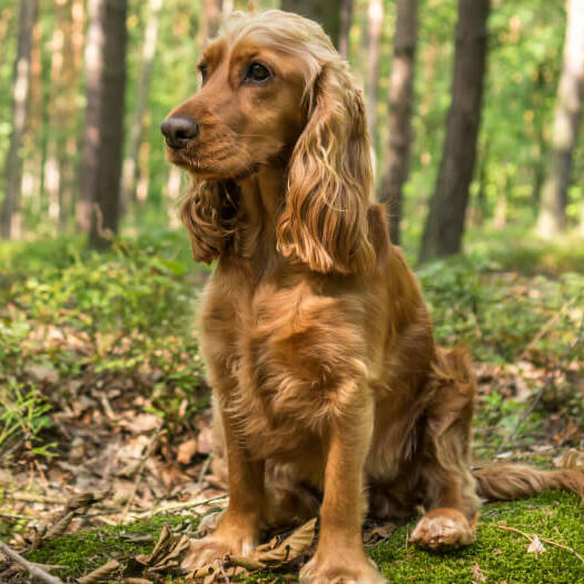 Cocker Spaniel sitting in the forest