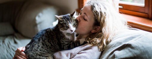 Woman kissing cat on cheek