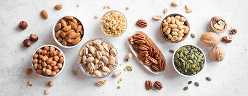 Different types of nuts in bowls