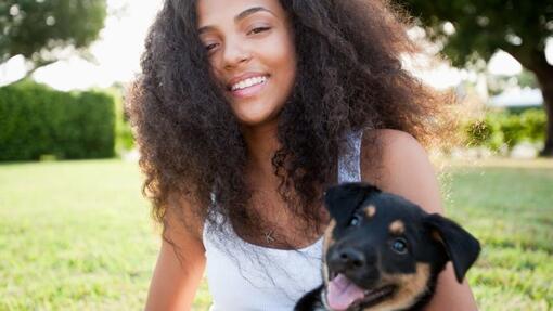 black dog with their owner