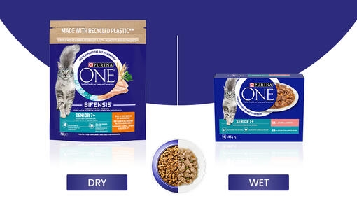 Purina One dry and wet cat food bags