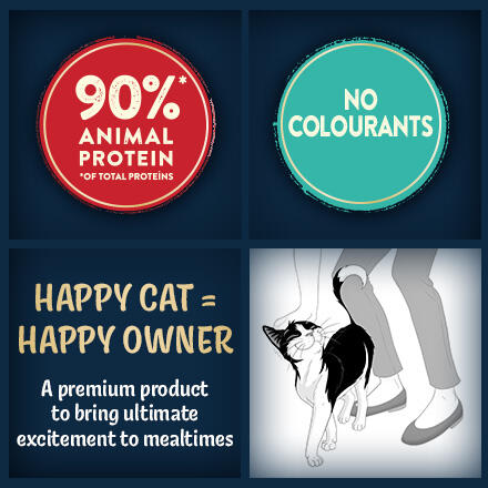 90% animal protein, no colourants, happy cat = happy owner