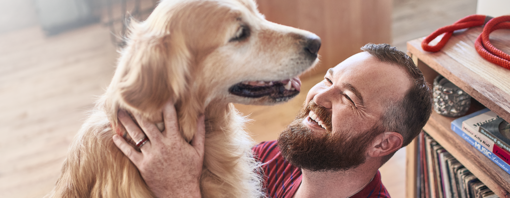 National Pet Day man hugging his golden retriever pet dog