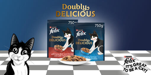 Double Delicious Dry products on chequered floor