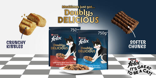 Double Delicious products with crunchy kibbles and softer chunks