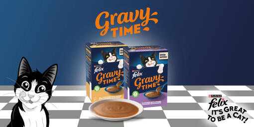 Gravy Time products and bowl of gravy on chequered floor