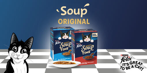 Soup original products with bowl on chequered floor